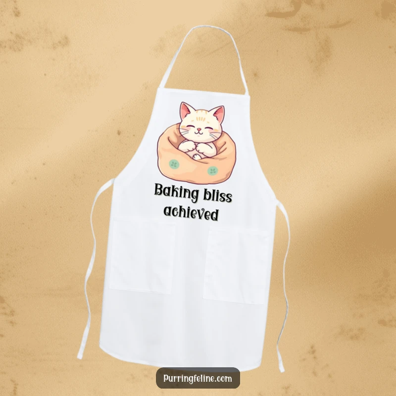 Funny Kitchen Apron with a cat nestled in a cozy blanket, its body vibrating harmoniously, perfect for cozy cooks.