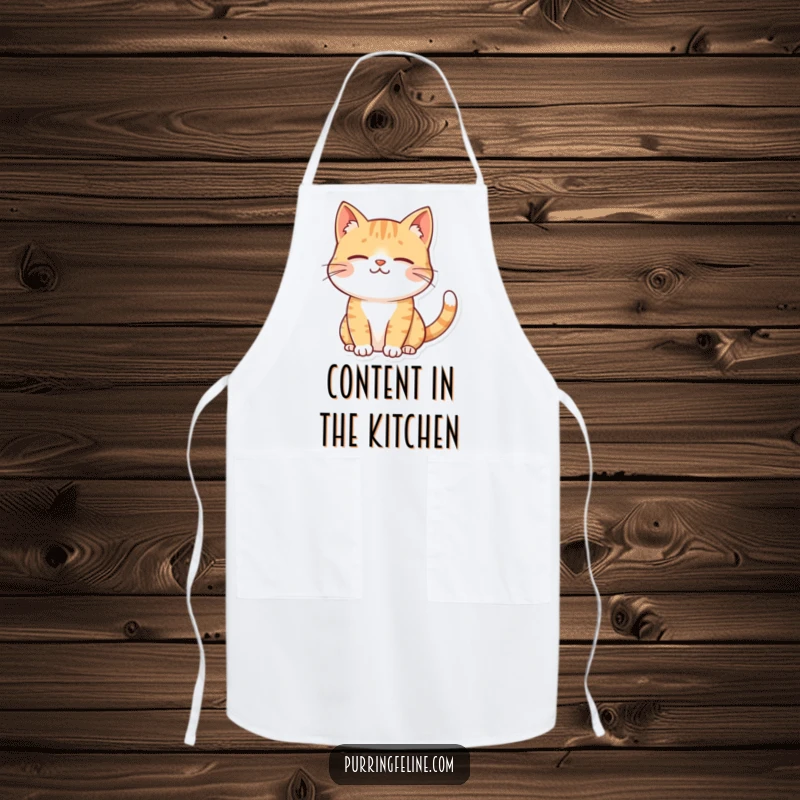 Funny contented cat apron, a smiling cat with a softly twitching tail, bringing calm humor to kitchen tasks.