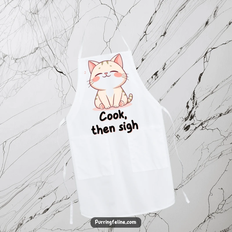 Funny cat apron featuring a happy cat sighing contentedly, perfect for adding a peaceful and humorous vibe to cooking.