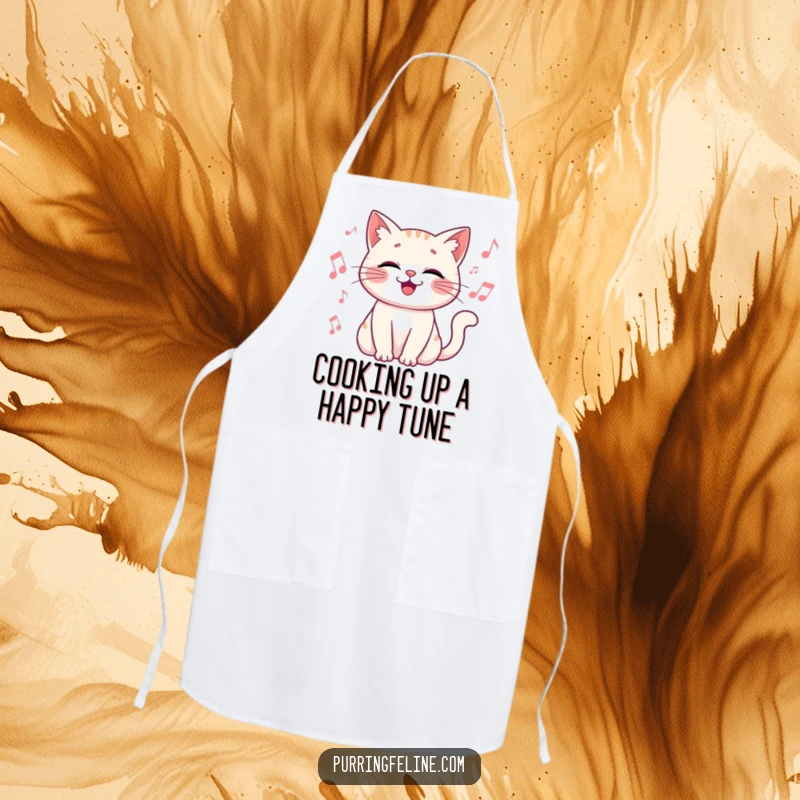 Funny Apron with a happy cat vibrating gently amidst musical notes, bringing joy to the kitchen.