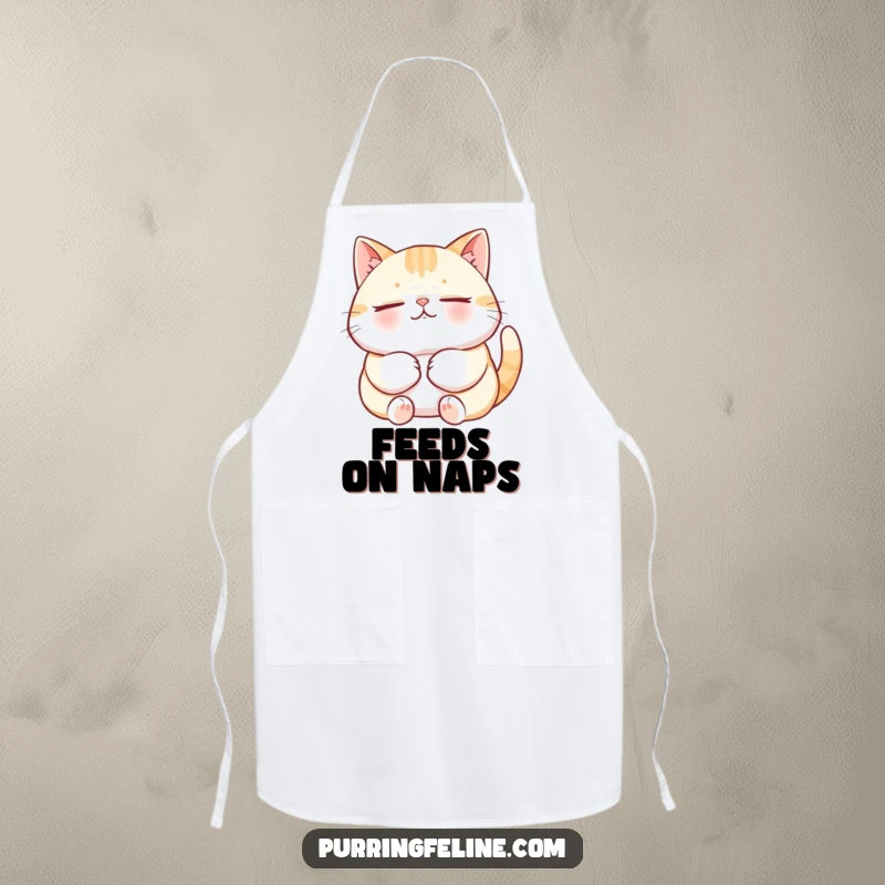 Funny Cat Apron showing a relaxed cat purring deeply with pure contentment, adding a humorous and practical touch to any kitchen.