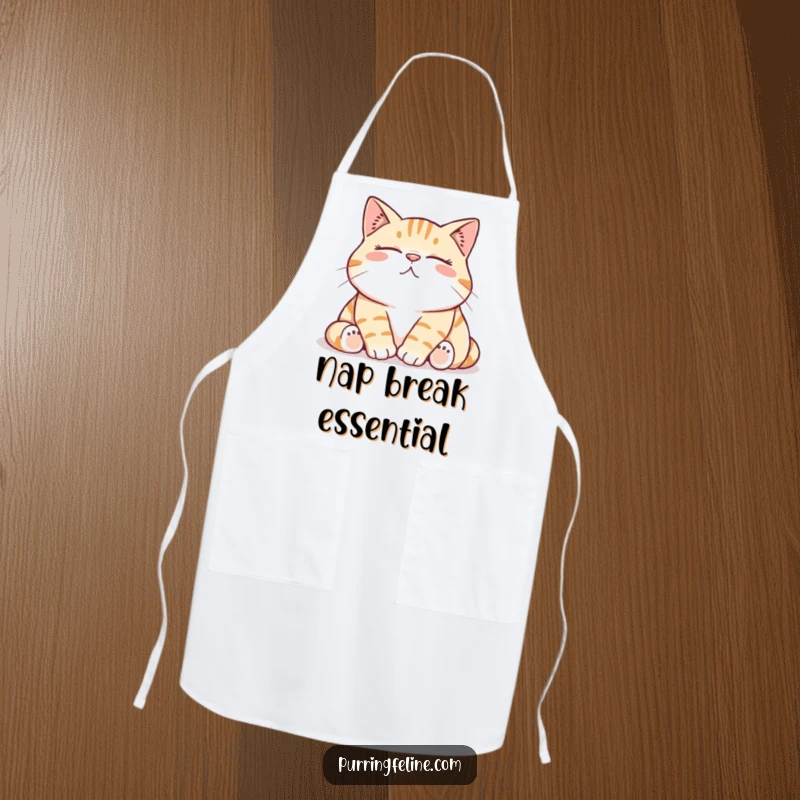 Funny Apron showing a content cat with a low, contented rumble, making kitchen tasks a delightful, humorous experience.