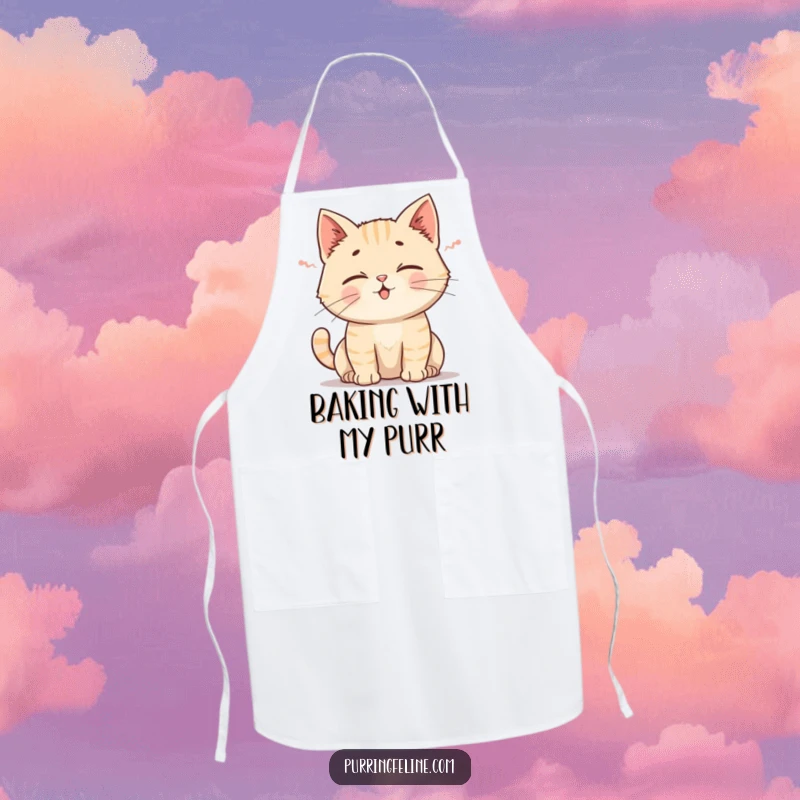 Funny Cat Apron: A cheerful apron featuring a cat emitting a gentle rumble, its ears perked while ready to cook.