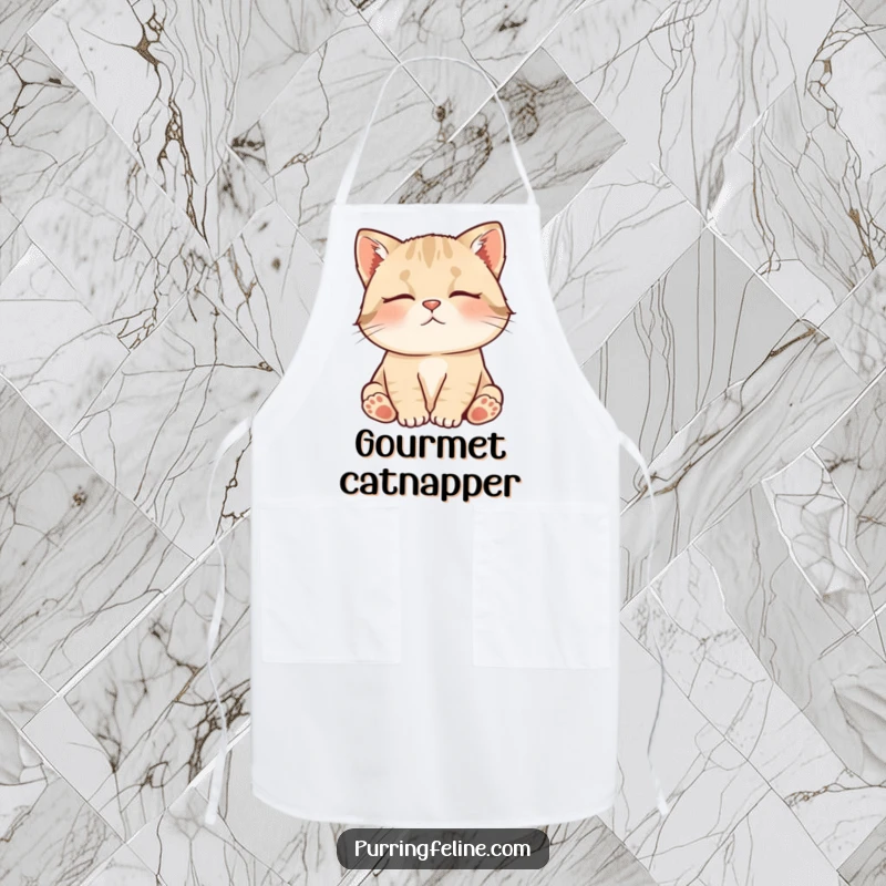Funny Apron depicting a contented cat cub murmuring, perfect for cooking with a side of adorable, humorous serenity.