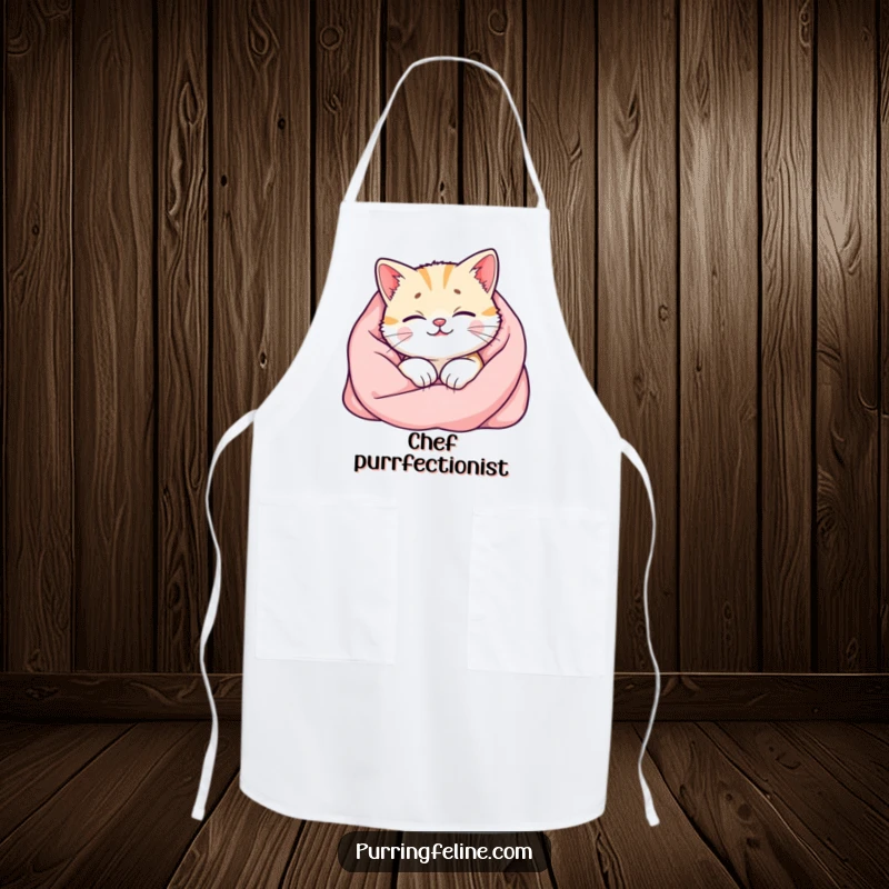 Funny cat apron featuring a happy cat in a soft blanket, its purr visualized as a warm, glowing aura, perfect for kitchen comfort.