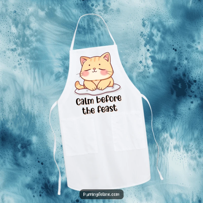 Funny mellow cat apron, a cat enjoying a peaceful, quiet moment, bringing serene humor to kitchen tasks.