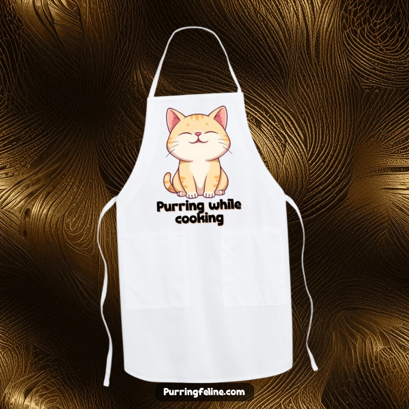 Funny Apron featuring a purring cat with eyes closed and a relaxed posture, perfect for a peaceful and humorous experience.