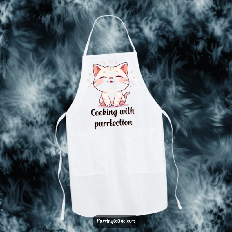 Funny apron showcasing a cat emitting soft, rhythmic vibrations of contentment, perfect for cooking with a peaceful and humorous attitude, a unique gift.