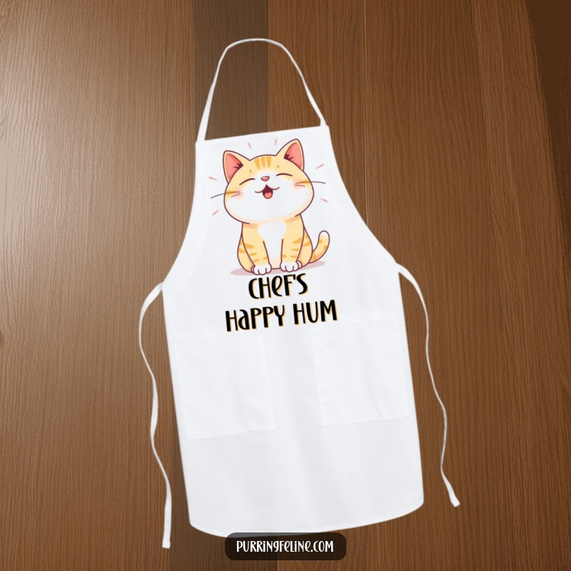 Funny Apron: A cat expressing deep satisfaction through subtle vibrations, adding a peaceful and humorous touch to cooking.