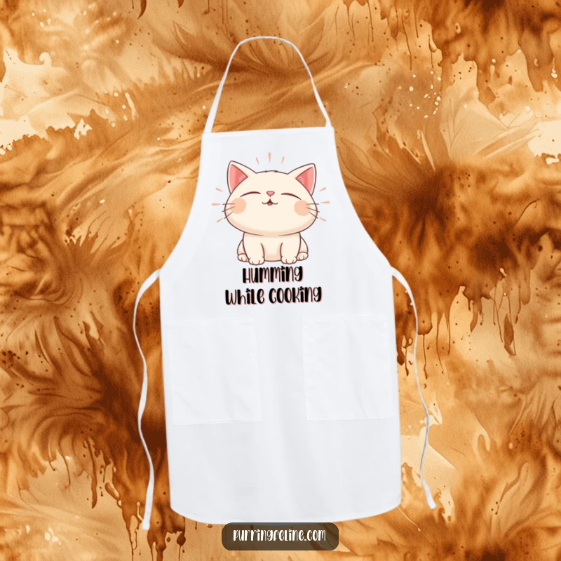 Funny apron with a content cat character, eyes closed, emitting gentle, pulsating sound waves.