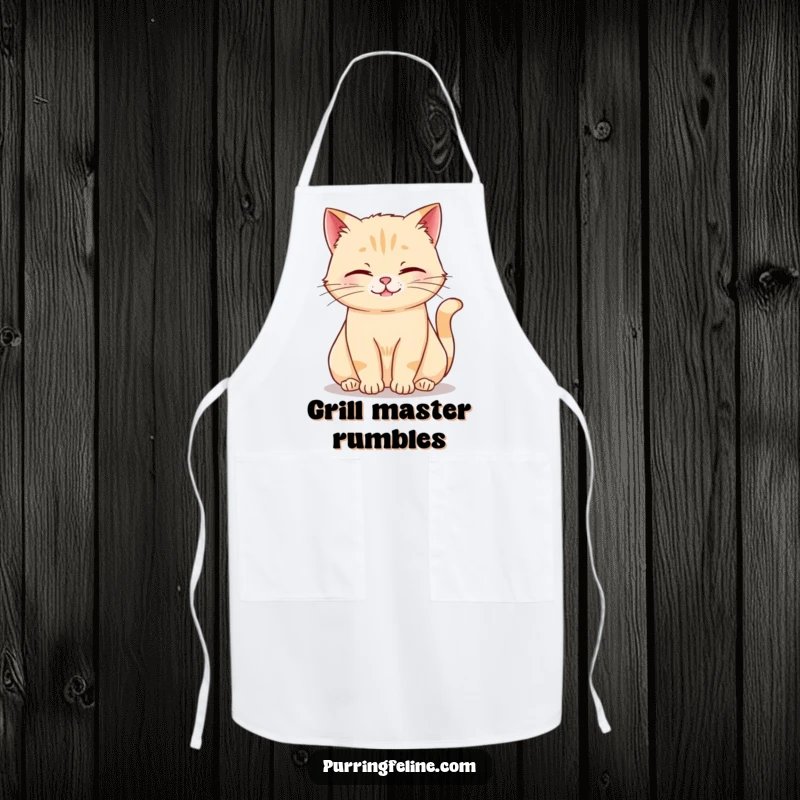 Funny rumbling cat apron showing a relaxed cat softly rumbling, perfect for a calm and humorous cooking experience.