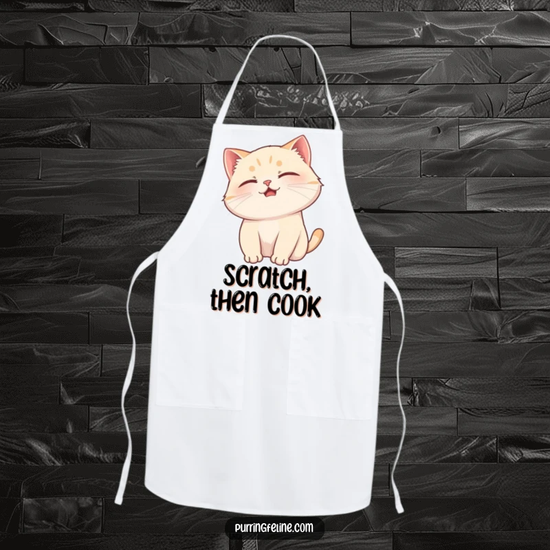 Funny cat apron featuring a purring cat enjoying a head scratch, perfect for adding a comforting and humorous vibe to cooking.