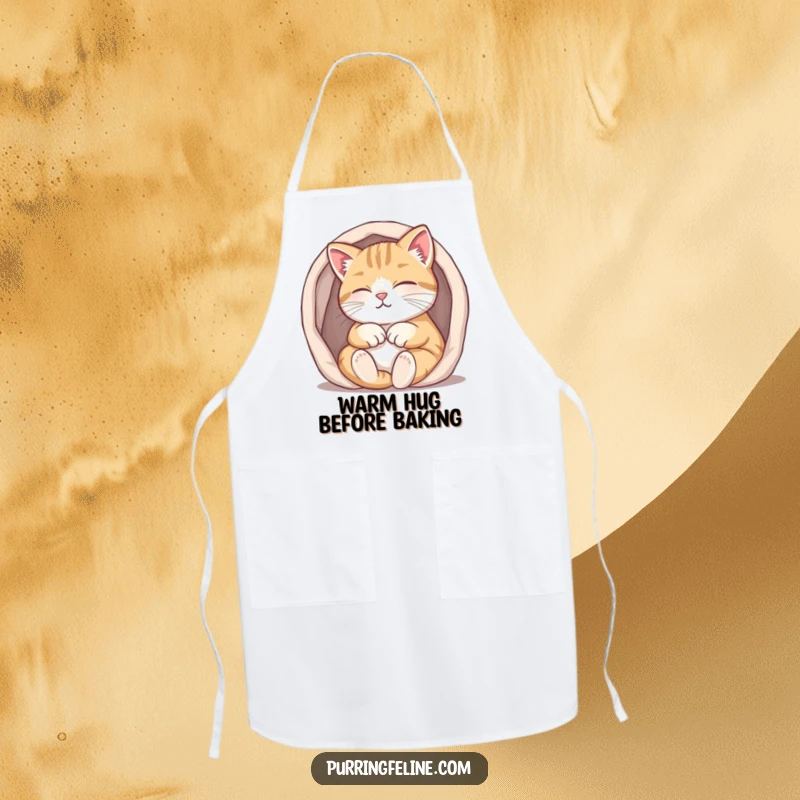 Funny purring cat apron, a cat purring happily while tucked into a small, warm space, bringing cozy humor to cooking.