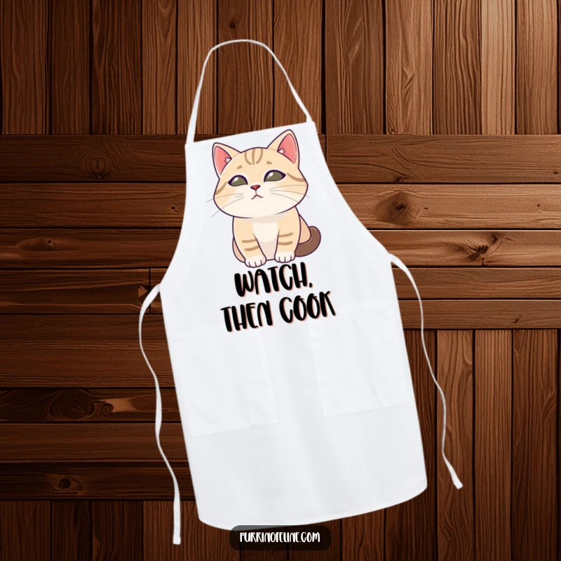 Funny cat apron featuring a tranquil cat with soft eyes observing, perfect for adding a peaceful vibe to cooking.