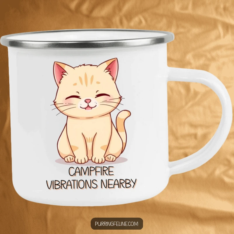 Funny rumbling cat camping mug with a relaxed cat softly rumbling, great for outdoor relaxation and humor.