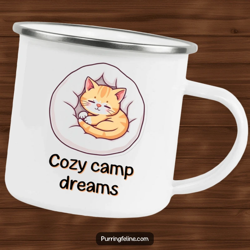 Funny cat camping mug showing a relaxed cat sleeping in a cozy bed, ideal for enjoying drinks outdoors peacefully.