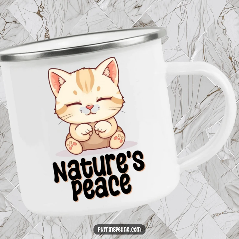 Funny Cat Camping Mug: A calm cat cub sits with paws tucked neatly, a serene and durable mug for outdoor relaxation enthusiasts.