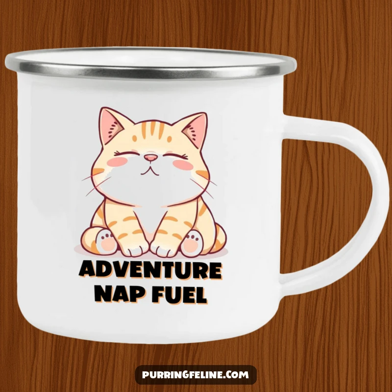 Funny Camping Mug showing a content cat with a low, contented rumble, perfect for outdoor enthusiasts and cat fans.