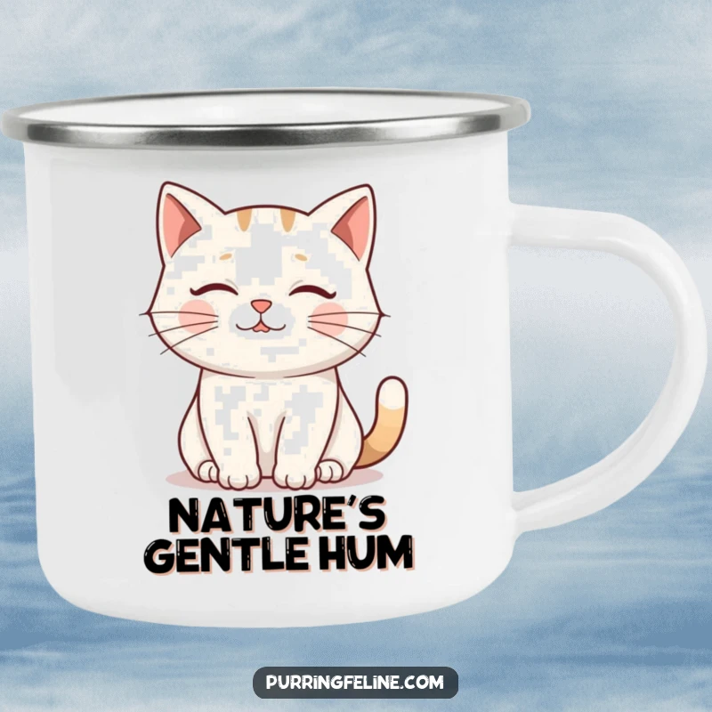 Funny Camping Mug: A cat’s gentle purr creating a visual ripple, perfect for enjoying drinks during outdoor escapades.