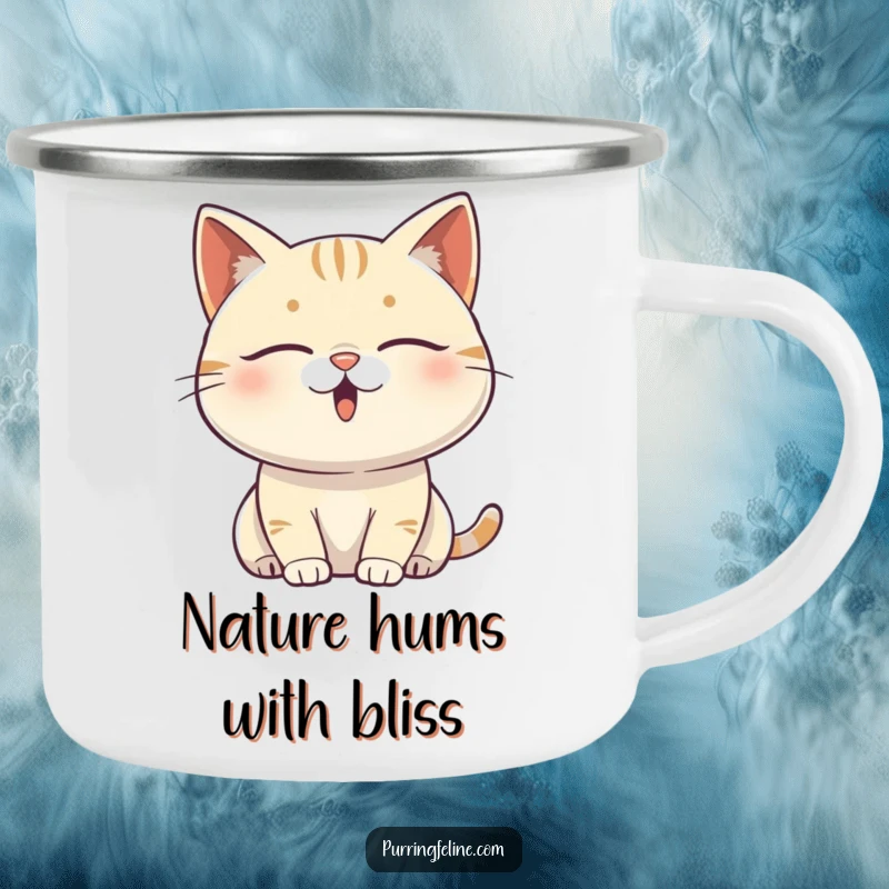 Funny content cat camping mug with a serene cat vibrating with subtle, happy energy, great for outdoor relaxation.