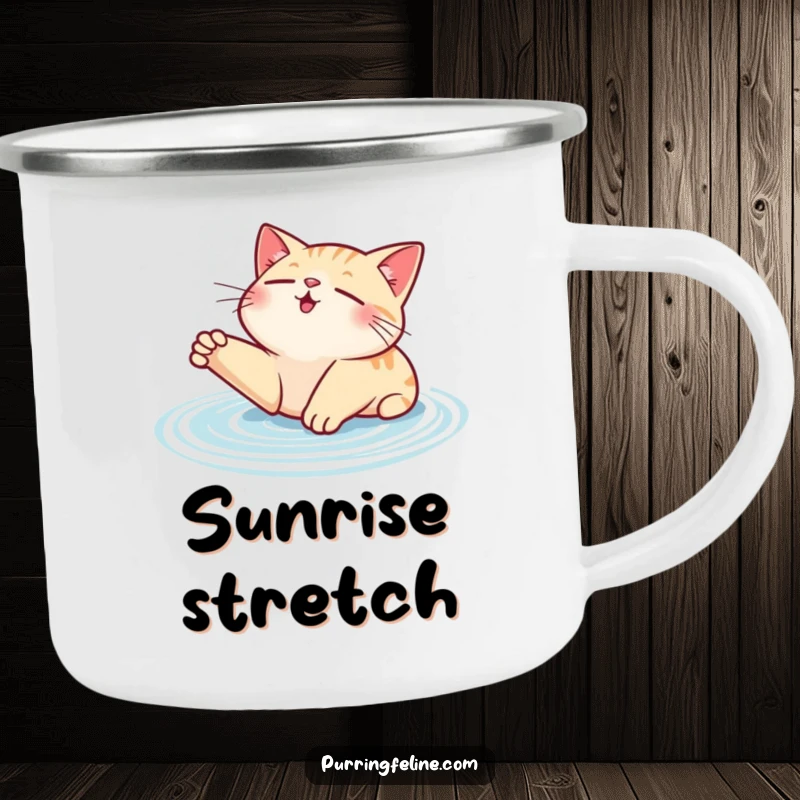 Funny contented cat camping mug, showing a cat stretching with visible purr ripples, conveying peace outdoors.