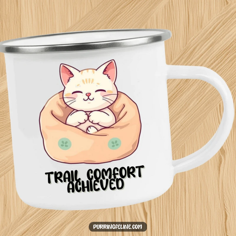 Funny Camping Mug with a cat nestled in a cozy blanket, its body vibrating harmoniously, perfect for outdoor relaxation.