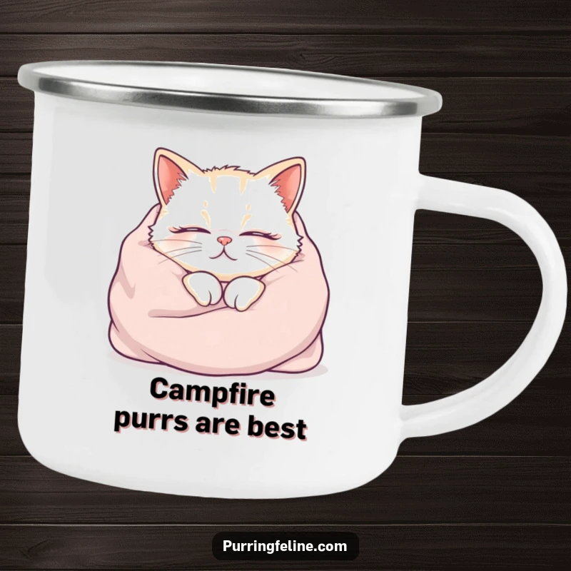 Funny cat camping mug, cozy cat purring in a blanket, humorous outdoor gear, perfect funny gift.