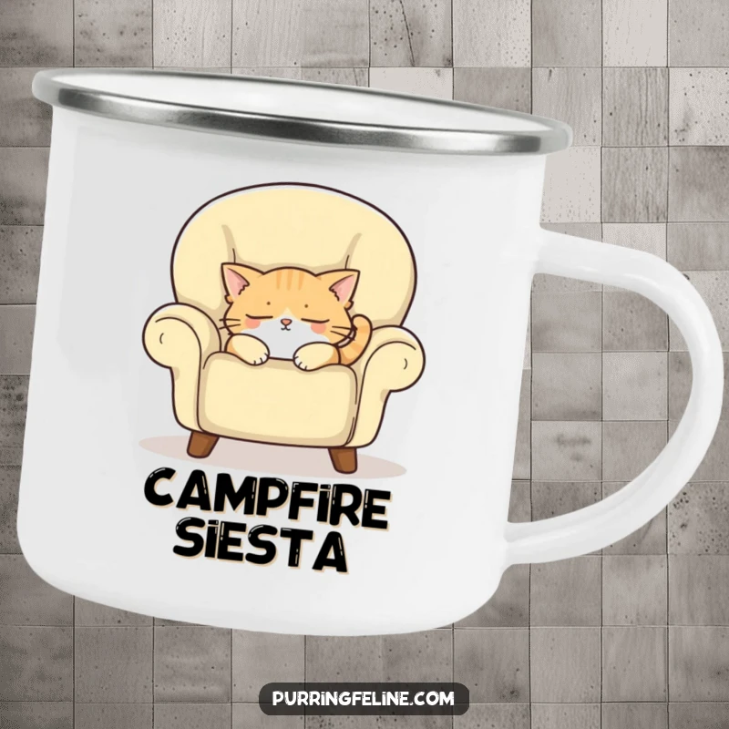 Funny enamel camping mug featuring a sleepy cat napping in a cozy armchair, perfect for outdoor enthusiasts who love humor.