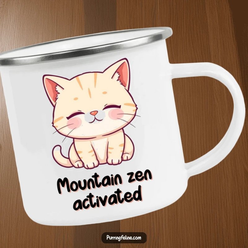 Funny Camping Mug showcasing a purring cat with a serene expression and soft, gentle eyes by the campfire.