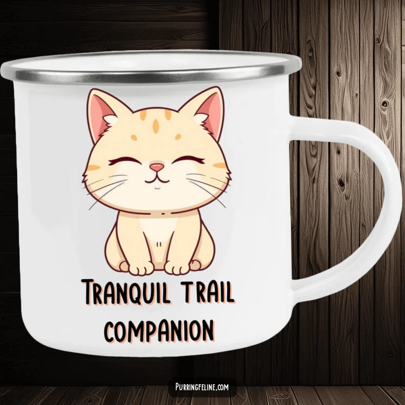 Funny Camping Mug with a serene cat and a subtle smile, perfect for peaceful outdoor moments.