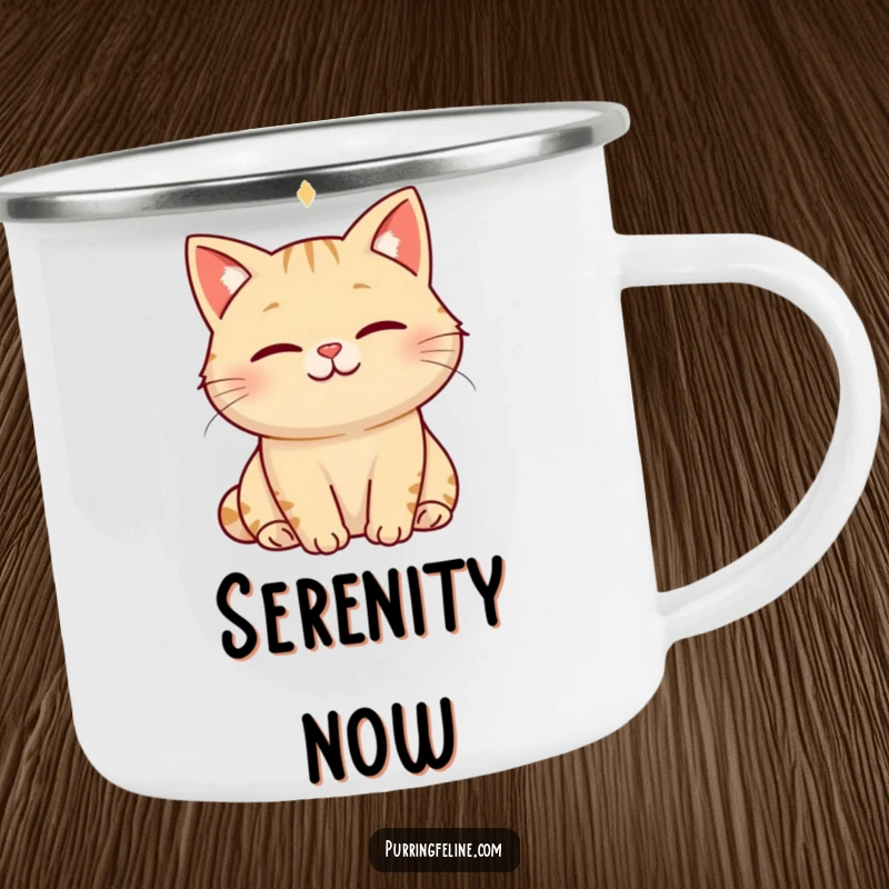 Funny serene cat camping mug with a smiling cat radiating a visible hum of happiness, perfect for peaceful outdoor sipping.