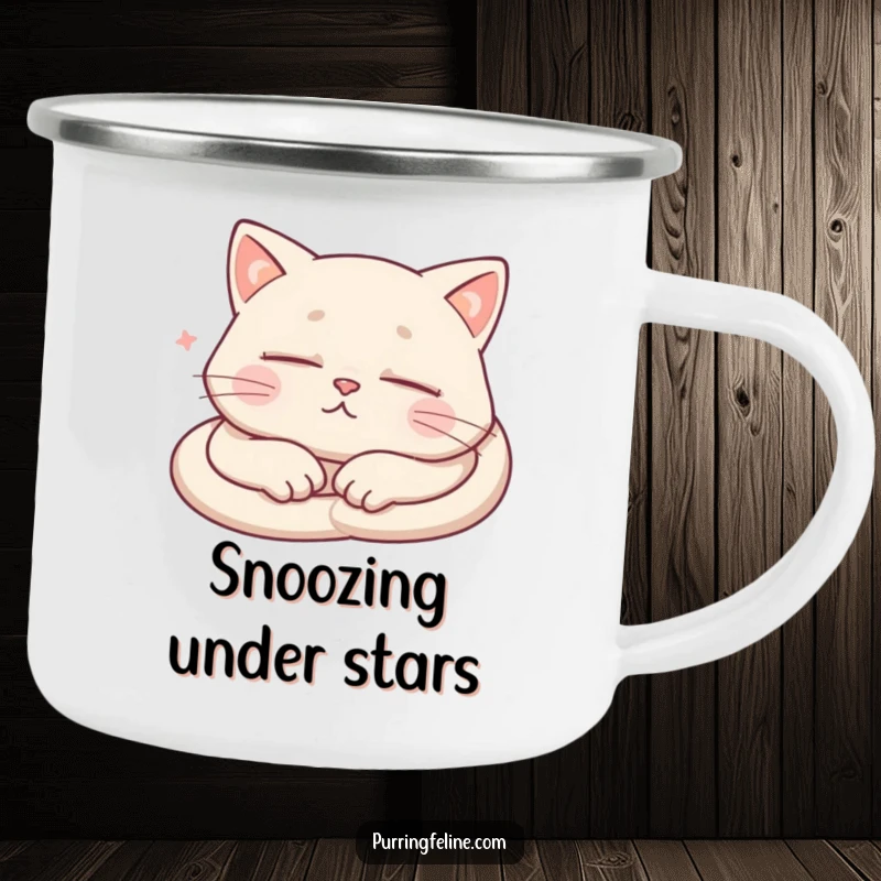Funny Camping Mug with a sleeping cat and subtle purring indicators, perfect for peaceful outdoor moments.