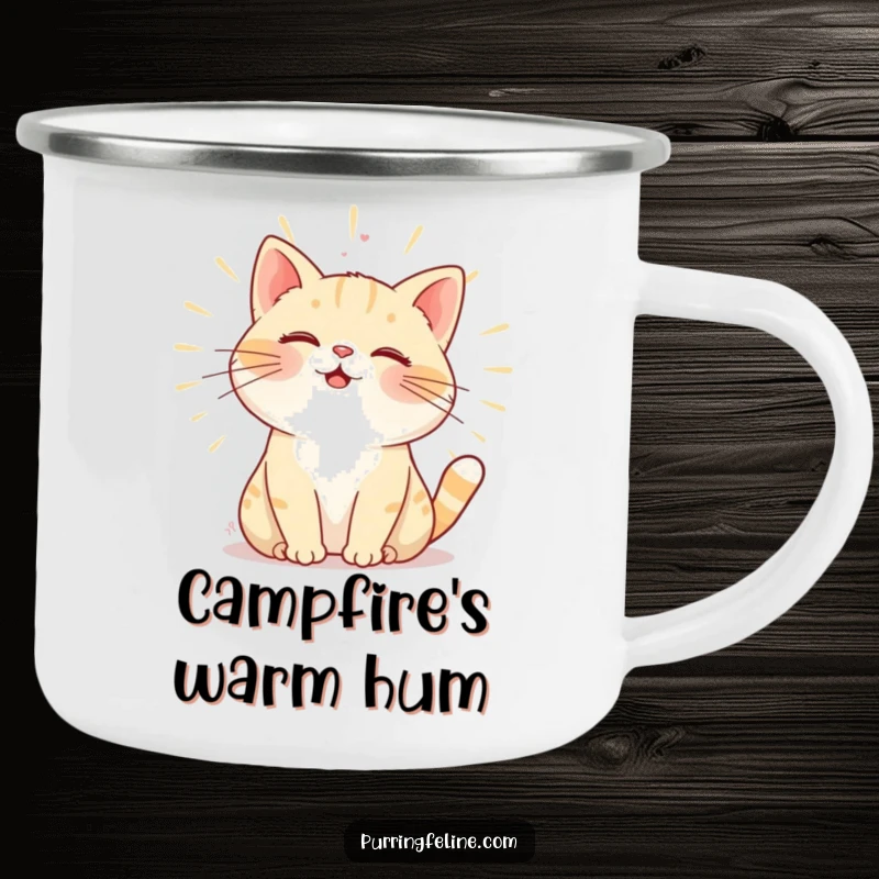 Funny Camping Mug: A purring cat radiating warmth through its gentle hum, perfect for enjoying drinks outdoors.