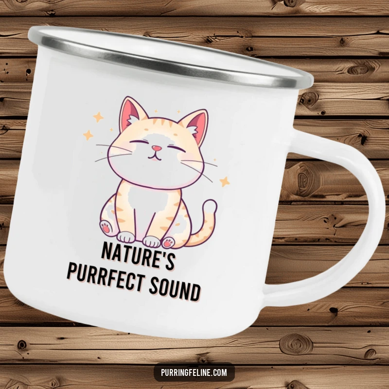 Funny Camping Mug with a zen cat sending out calming sound waves, perfect for peaceful outdoor moments.