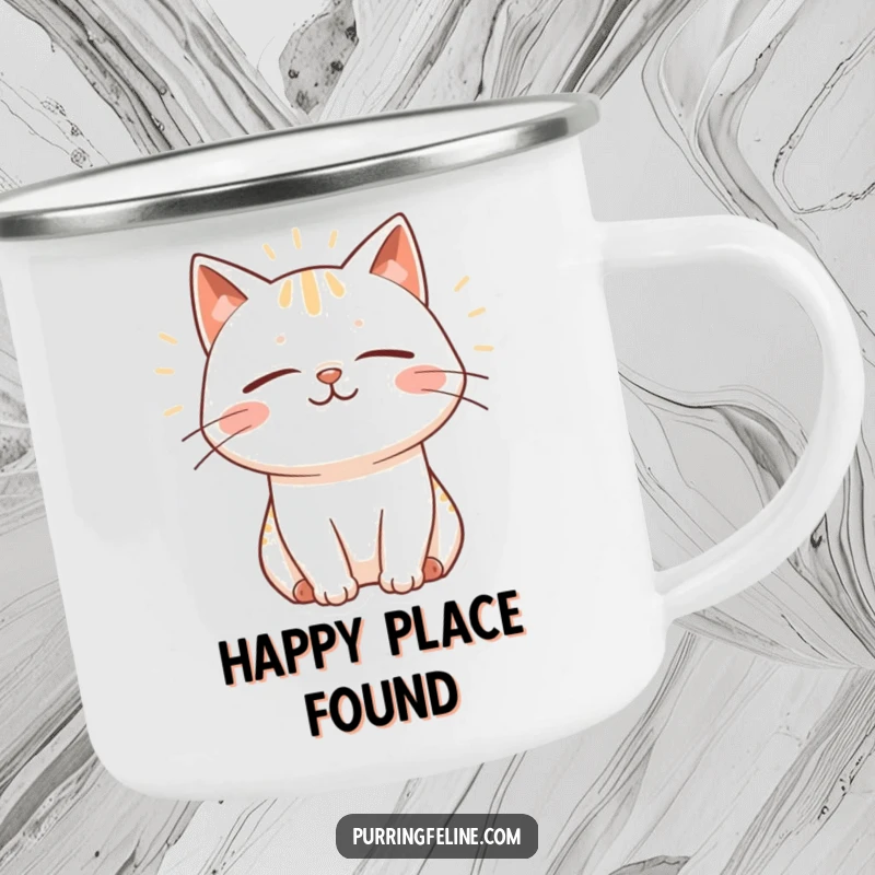 Funny Camping Mug with a blissfully smiling cat emitting gentle purring vibrations, perfect for outdoor enthusiasts and cat lovers.
