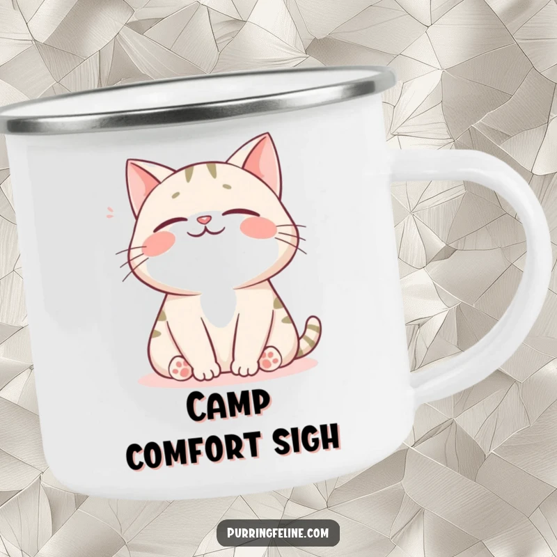 Funny cat camping mug featuring a happy cat sighing contentedly, perfect for enjoying beverages outdoors with peace.