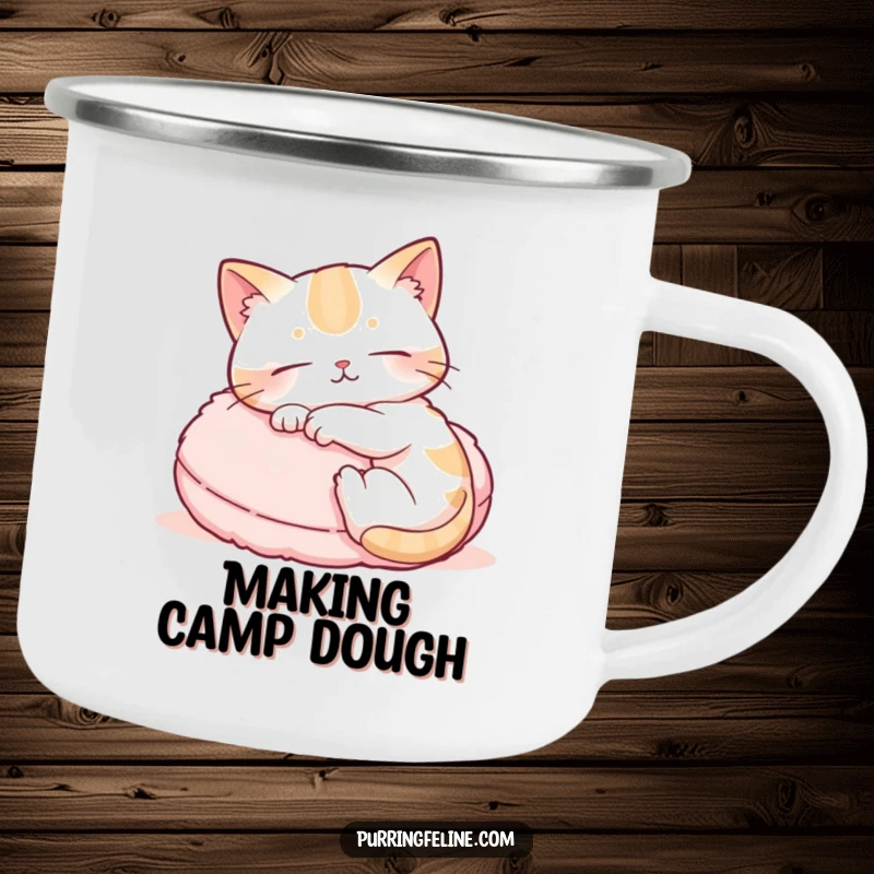 Funny enamel camping mug featuring a cat's paws kneading a cushion, perfect for outdoor enthusiasts who love feline comfort humor.