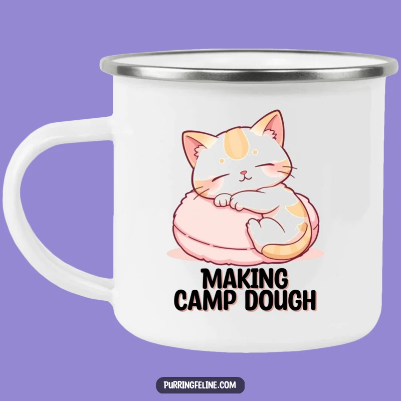 Funny Enamel Camping Mug: Cat Kneading Comfort Design, Outdoorsy Gift
