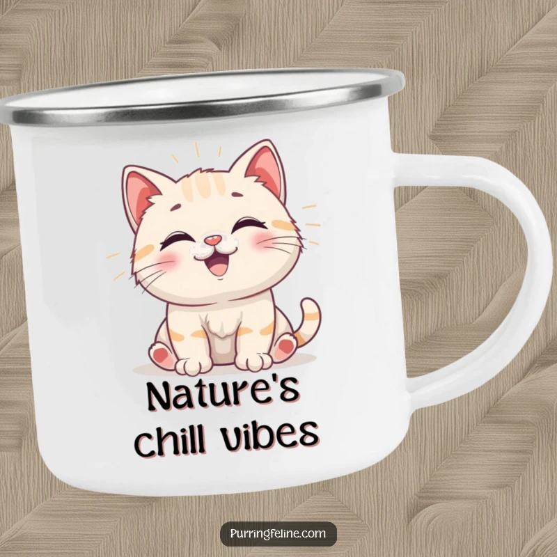 Funny Camping Mug with a happy cat cub emitting gentle vibrations, perfect for outdoor excursions and enjoying drinks with humorous cheer.