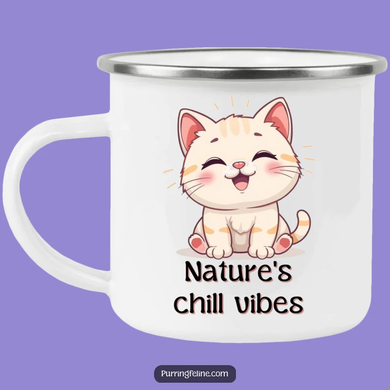 Funny Happy Cat Cub Vibrations Camping Mug - Outdoor Cheer & Humorous Vibes