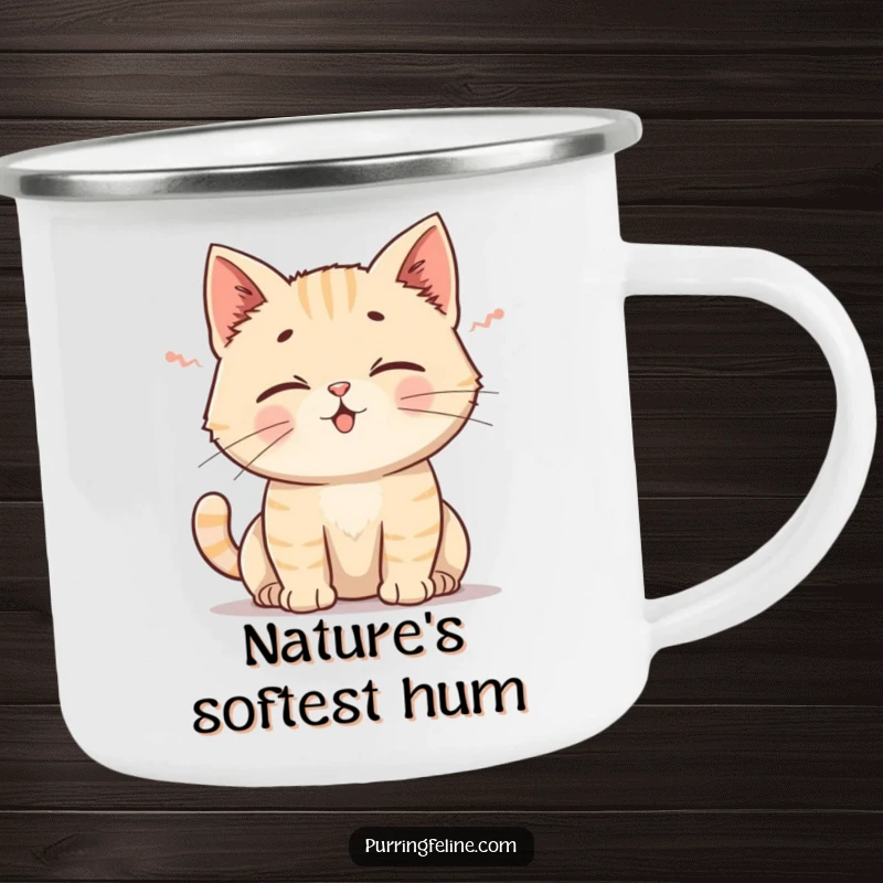 Funny Cat Camping Mug: Rugged mug with a cat emitting a gentle rumble, ears perked, perfect for outdoor relaxation.