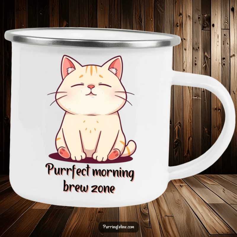 Funny camping mug with a relaxed cat showing purr vibrations, embodying peaceful outdoor enjoyment and feline calm.