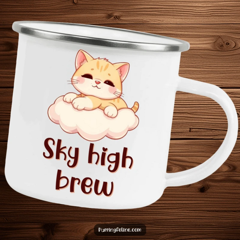 Funny Camping Mug shows a relaxed cat cub stretched on a sunny cloud, perfect for enjoying beverages outdoors.