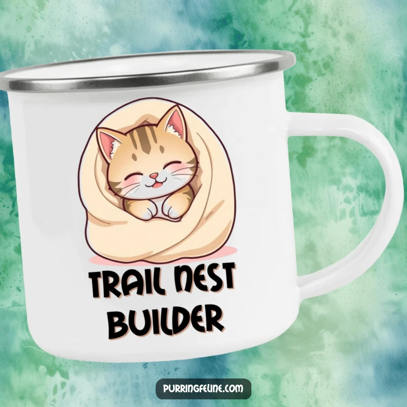 Funny Cozy Cat Camping Mug showing a happy cat burrowing into a warm, soft blanket, perfect for outdoor comfort.