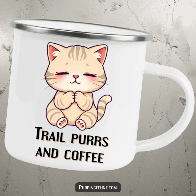 Funny Camping Mug: A serene cat kneading its paws, perfect for enjoying warm drinks during outdoor adventures.