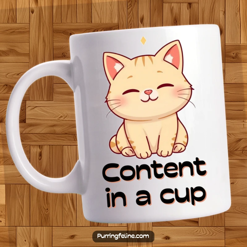 Funny serene cat mug with a soft smile, surrounded by a visible hum of happiness, promoting relaxation and calm.