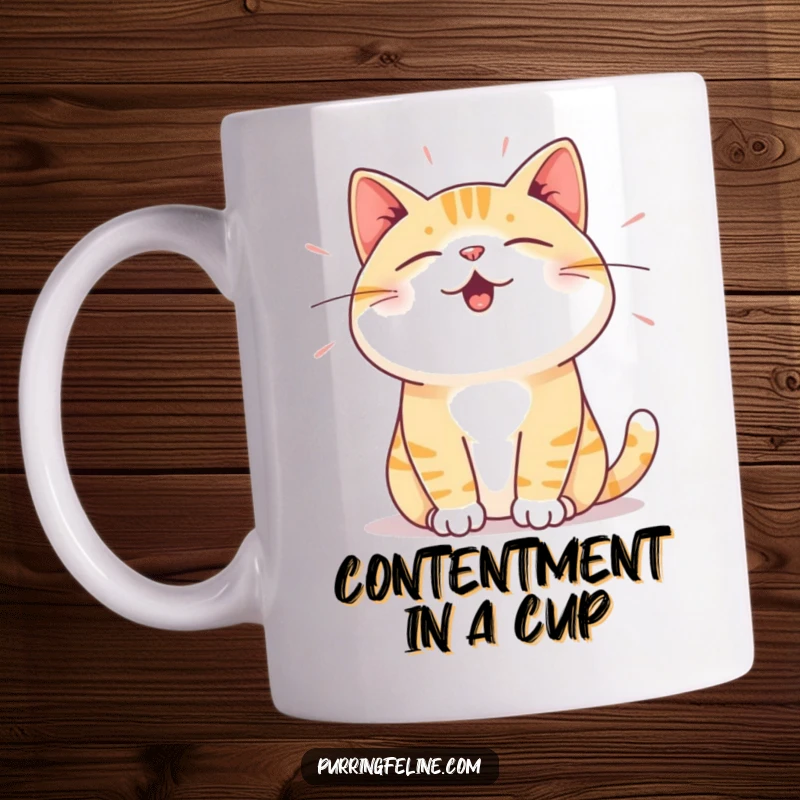Funny Mug: A cat expressing deep satisfaction through subtle, visible vibrations, embodying pure contentment.