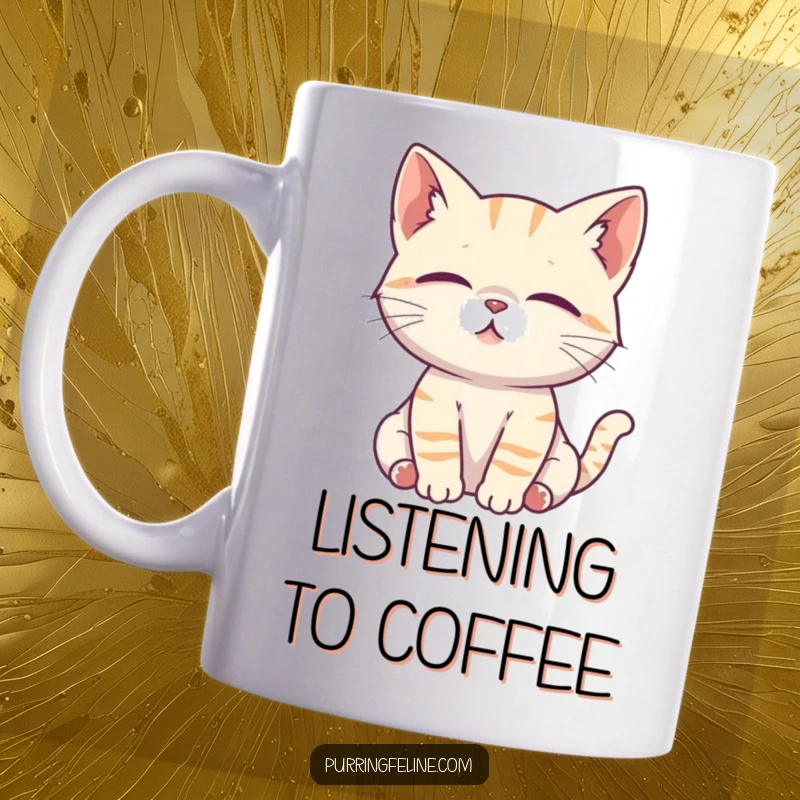 Funny Cat Mug: A serene cat cub listens intently with focused ears, showcasing curiosity and deep concentration.