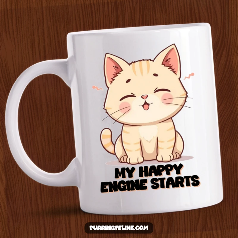 Funny Cat Mug featuring a content cat emitting a gentle rumble, ears perked in peaceful bliss.