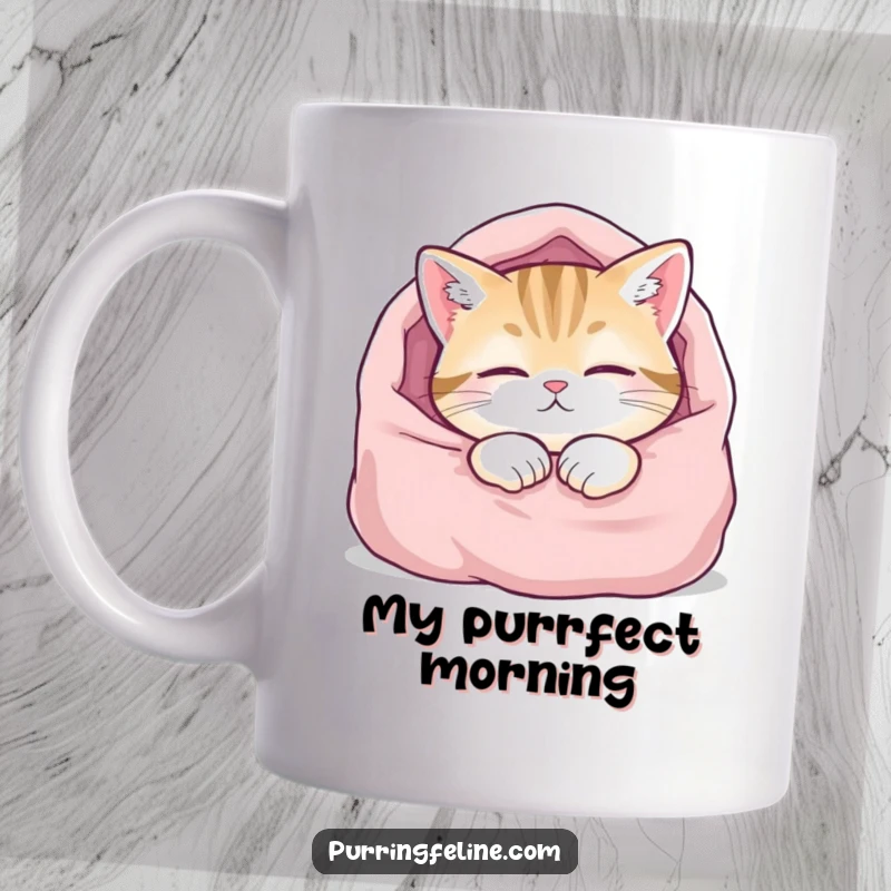 Funny mug featuring a content cat deeply asleep in a soft blanket, eyes closed, embodying pure relaxation and comfort.